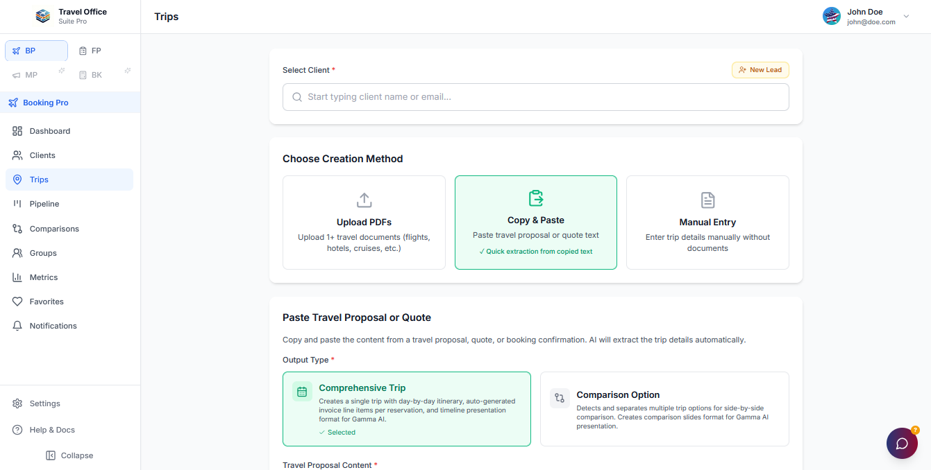 Booking Pro Trips page showing AI-powered trip parsing with Copy & Paste, Upload PDFs, and Manual Entry creation methods