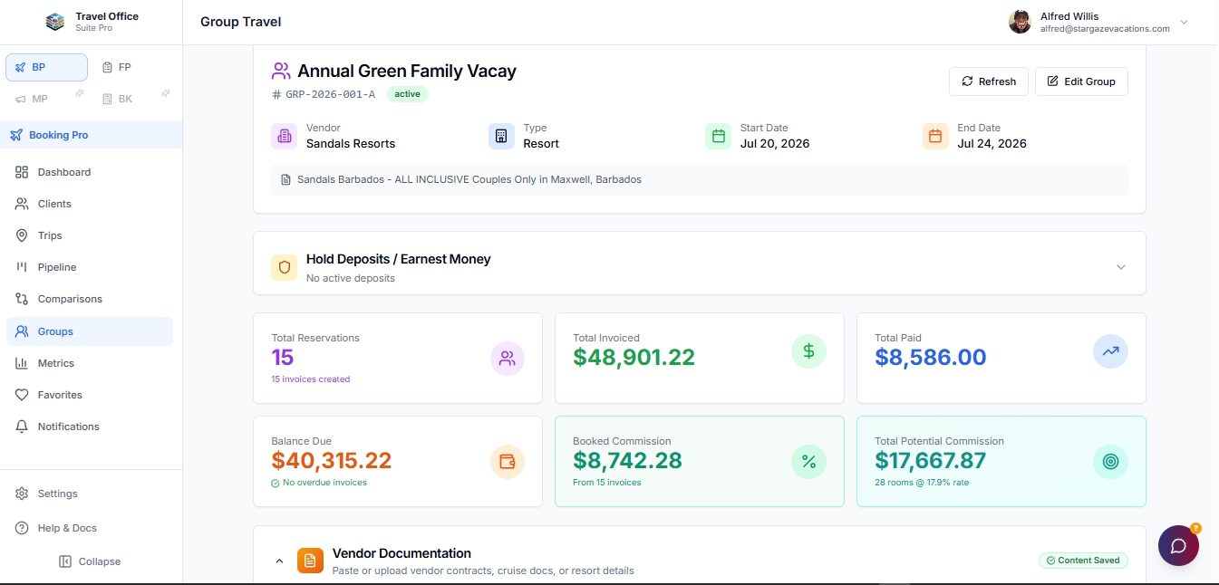 Booking Pro Group Travel dashboard showing the Annual Green Family Vacay with financial metrics, reservations, invoices, and commission tracking