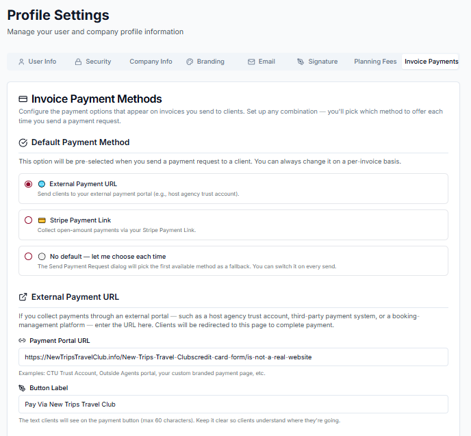 Booking Pro Invoice Payment Methods settings page showing External Payment URL and Stripe Payment Link configuration options