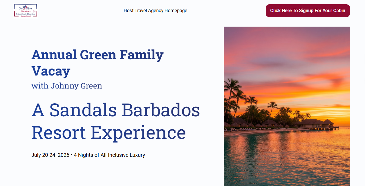 AI-generated visual trip proposal for Annual Green Family Vacay at Sandals Barbados Resort with branded agency header and destination imagery