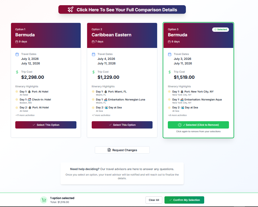 Travel comparison tool showing trip options with pricing, itinerary highlights, and client selection interface